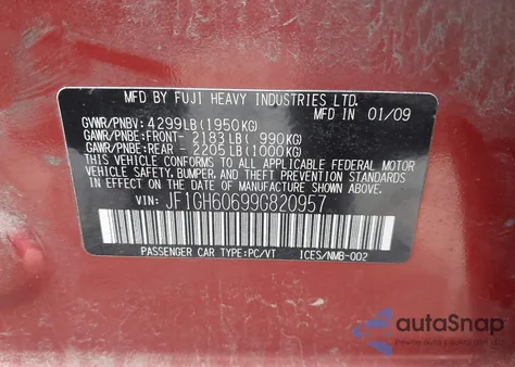 2009 Subaru Impreza 2.5I из США, поврежденный, VIN JF1GH60699G820957